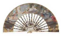 1202.  Abanico con varillaje de nácar con aplicaciones metálicas y doradas y país de papel pintado y dorado con escena cortesana.S. XVIII.