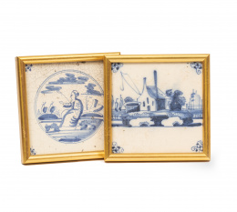 1363.  Dos azulejos de cerámica esmaltada en azul cobalto.Delft, Holanda, S. XVIII.