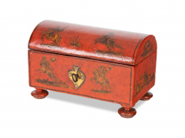 677.  Cofre de madera lacada en rojo con aplicaciones a la manera de la "lacca povera."Méjico, S. XVIII.