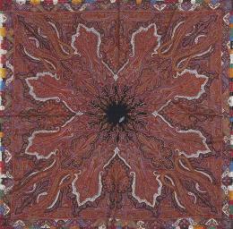 1104.  Mantón bordado en lana y seda con diseño de pasley y flecos de colores.S. XIX.
