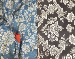 520.  Lote de un fragmento de tela marrón y un fragmento y dos retales de tela azul con flores.S. XVIII.