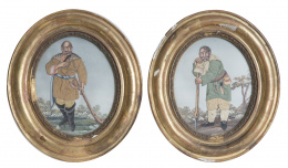1235.  Un pastor y un sarraceno.Dos collages Carlos IV con tela aplicada sobre grabados en acuarela.Trabajo valenciano, h.1800.