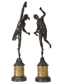 1328.  Mercurio y Fortuna.Esculturas en bronce según Gianbologna con bases en bronce dorado y mármol.Trabajo francés, S. XIX.