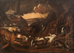 934.  SEGUIDOR DE TOMAS HIEPES (Escuela valenciana, siglo XVII)Paisaje con perros persiguiendo a conejos