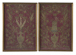 1102.  Dos bordados Carlos IV sobre seda con entramado de hilos de oro.España, h. 1800.