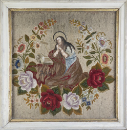 1333.  Bordado de hilos de color de María Magdalena entre flores con iniciales "A.G.", S. XIX.
