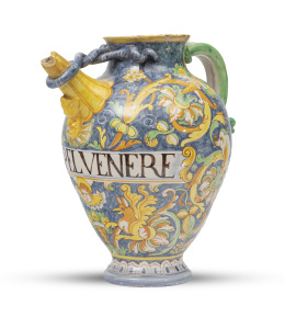516.  Botijo en cerámica esmaltada en azul cobalto, ocre y amarillo con decoración de hojas y grifos, fechado en "1673".Quizás Deruta, Italia, h. 1900.