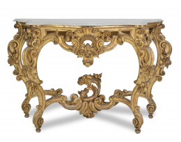 666.  Consola de estilo rococó de madera tallada y dorada y tapa de mármol.Francia, S. XIX.