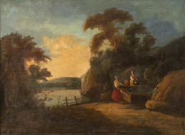 981.  ESCUELA SEVILLANA, H. 1900Paisaje con figuras en una fuente y Paisaje con pastor a pie de un molino