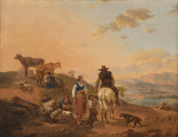 967.  ESCUELA FLAMENCA, SIGLO XIXFamilia de viajeros en un paisaje