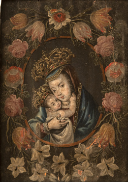 817.  ESCUELA ESPAÑOLA, SIGLO XVIIVirgen de Belén inserta en una orla de flores