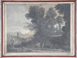 628.  GIOVANNI VOLPATO (1733-1803) SEGÚN CLAUDIO DE LORENAPareja de paisajes con escenas mitológicas