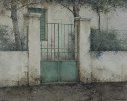 460.  CARLOS MORAGO (Madrid, 1954)Vista de casa con puerta verde