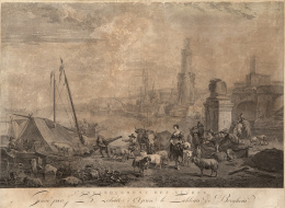 761.  JACQUES- PHILIPPE LE BAS (1707-1783) y NICOLAES PIETERSZ BERCHEM (1620?-1683)"Embarquement de vivres"