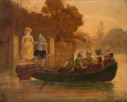966.  J. ARSAL, SIGLO XIX- XXEscena galante a orillas de un río con barca con los integrantes de una orquesta