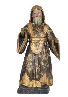 1338.  Santo de madera tallada, dorada y policromada, con ojos de pasta vítrea.España, S. XVIII.