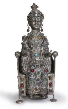 1146.  Botella en forma de rey entronizado de plata con cabujones de piedras simuladas.Alemania, Hanau, h. 1900.