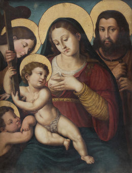 654.  CÍRCULO DE VICENTE MACIP (Escuela valenciana, siglo XVI y posterior)La Virgen de la leche con el Niño y San Juanito