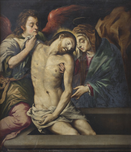 656.  ESCUELA HISPANOFLAMENCA, SIGLO XVICristo muerto con la Virgen y ángel