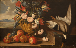 956.  ESCUELA VALENCIANA, H. 1700Bodegón de jarrón de flores, manzanas y pato sobre un pedestal de piedra al fondo un paisaje