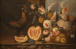 958.  ESCUELA ESPAÑOLA, H. 1700Bodegón con canasto de flores, un gallo, frutas