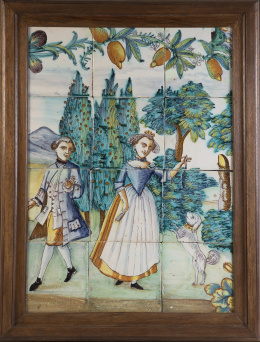1155.  Escena galante con perro bajo un limonar.Composición de doce azulejos de cerámica esmaltada.Manises, S. XVIII.