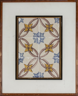 571.  Panel de seis azulejos Doña María de cerámica esmaltada en azul cobalto y ocre.Portugal, S. XVIII.