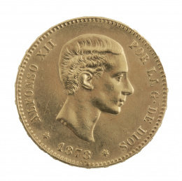 355.  Moneda de 25 pesetas de oro de Alfonso XII. 1878. DE.M.