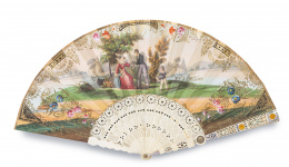 598.  Abanico con país de papel pintado, grabado e iluminado, con padrones calados, con aplicaciones metálicas y nácar.h. 1830-1840.