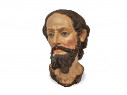 1157.  Cabeza de San Juan Bautista.Escultura en madera tallada y policromada.Trabajo español, S. XVII.
