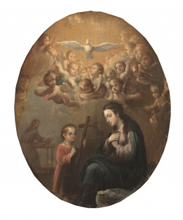 1015.  ESCUELA ESPAÑOLA O COLONIAL, SIGLO XVIIIVirgen con el Niño portando la cruz, San José en su taller y un cortejo de ángeles