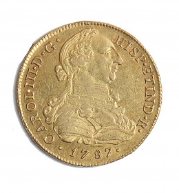 387.  Moneda de 8 escudos de oro de Carlos III.1787. ME. I.J.