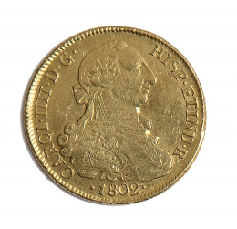 386.  Moneda de 8 escudos de oro de Carlos IV.1802. NI. S. J.J