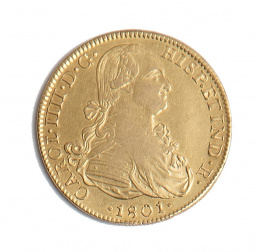 385.  Moneda de 8 escudos de oro de Carlos IV.1801. M.FM.