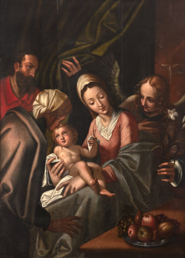 787.  CÍRCULO DE HANS VON AACHEN (Alemania, 1552-1615)Sagrada Familia con Santa Ana y el Arcángel Gabriel