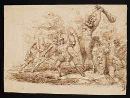 146.  GASPAR SENSI Y BALDACHI (1794- 1880)Combate entre un sátiro y soldados griegos (anv.)Sansón y los filisteos (fragmento) y otros dibujos (rev)h. 1820- 1840..
