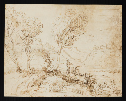 228.  ESCUELA BOLOÑESA, SEGUNDA MITAD DEL SIGLO XVIIPaisaje con un río y figuras sentadas..