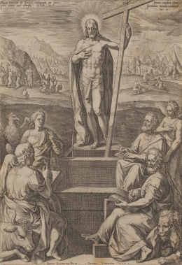 213.  JOHANNES SADELER (1550-1600) Y CRISPIN DE PASSE (1564-1637)Resurrección de Cristo con los cuatro evangelistas y símbolos eucarísticos.