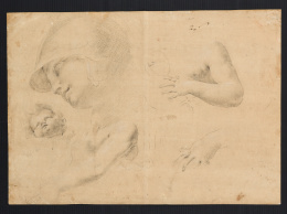 218.  ESCUELA ITALIANA, SEGUNDA MITAD DEL SIGLO XVIICabeza de la Diosa Minerva (?), cabeza de angelito, fragmento de busto y brazo femenino, otra variación de ese busto femenino en otra posición, y mano para la misma figura..