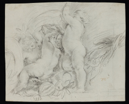 161.  ESCUELA ESPAÑOLA, FF. SIGLO XVII- PP. SIGLO XVIIIEstudio de niños entre cartelas arquitectónicas y festones de frutas..