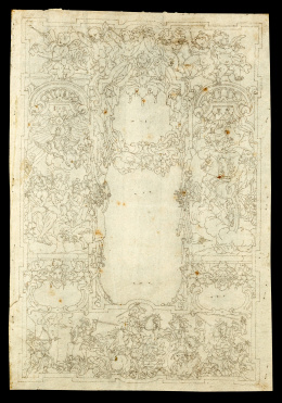 173.  FRAY MATIAS DE IRALA (1680 - 1753). Orla decorativa para la portada de un libro de temática bélica y mitológica..