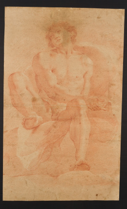 208.  ATRIBUIDO A JUAN BERNABÉ PALOMINO (1692 - 1777). Joven desnudo sentado en una piedra.h. 1740 - 50.