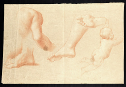 240.  FRANCISCO BAYEU Y SUBIAS (1734 - 1795)Homóplato y brazo derecho de hombre, pie derecho de hombre, pierna derecha y planta del pie izquierdo de mujer, y un angelito desnudo de espaldas.h. 1794..