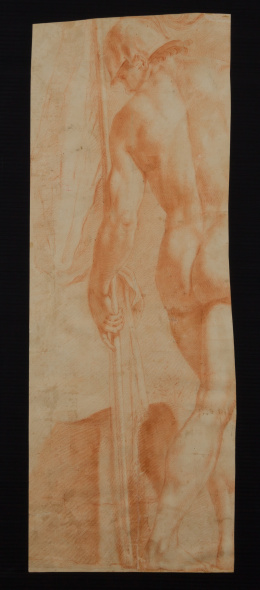 196.  ESCUELA ESPAÑOLA, H. 1770- 1780Guerrero de espaldas desnudo y sujetando una bandera.h. 1770 - 1780.