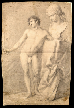 157.  MANUEL ALEGRE (1768 - h. 1815).Hombre desnudo con un busto de Baco.Febrero de 1791.