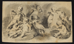 162.  ESCUELA ESPAÑOLA, SIGLO XVIII, siguiendo modelos de FANCOIS BOUCHER.Grupo de amorcillos.h. 1750 - 80.