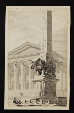 149.  ESCUELA FRANCESA, H. 1780- 1800Composición con la fachada del Panteón de Roma y la fuente del Obelisco del elefante..