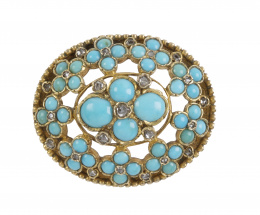 60.  Broche oval bombée S. XIX con turquesas y diamantes sobre fondo de cristal