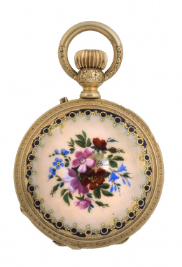 343.  Reloj saboneta de bolsillo S. XIX de oro y esmalte decorado con flores