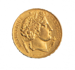 403.  Moneda de 20 Francos Franceses de oro. Cabeza de Ceres. 1851 A
